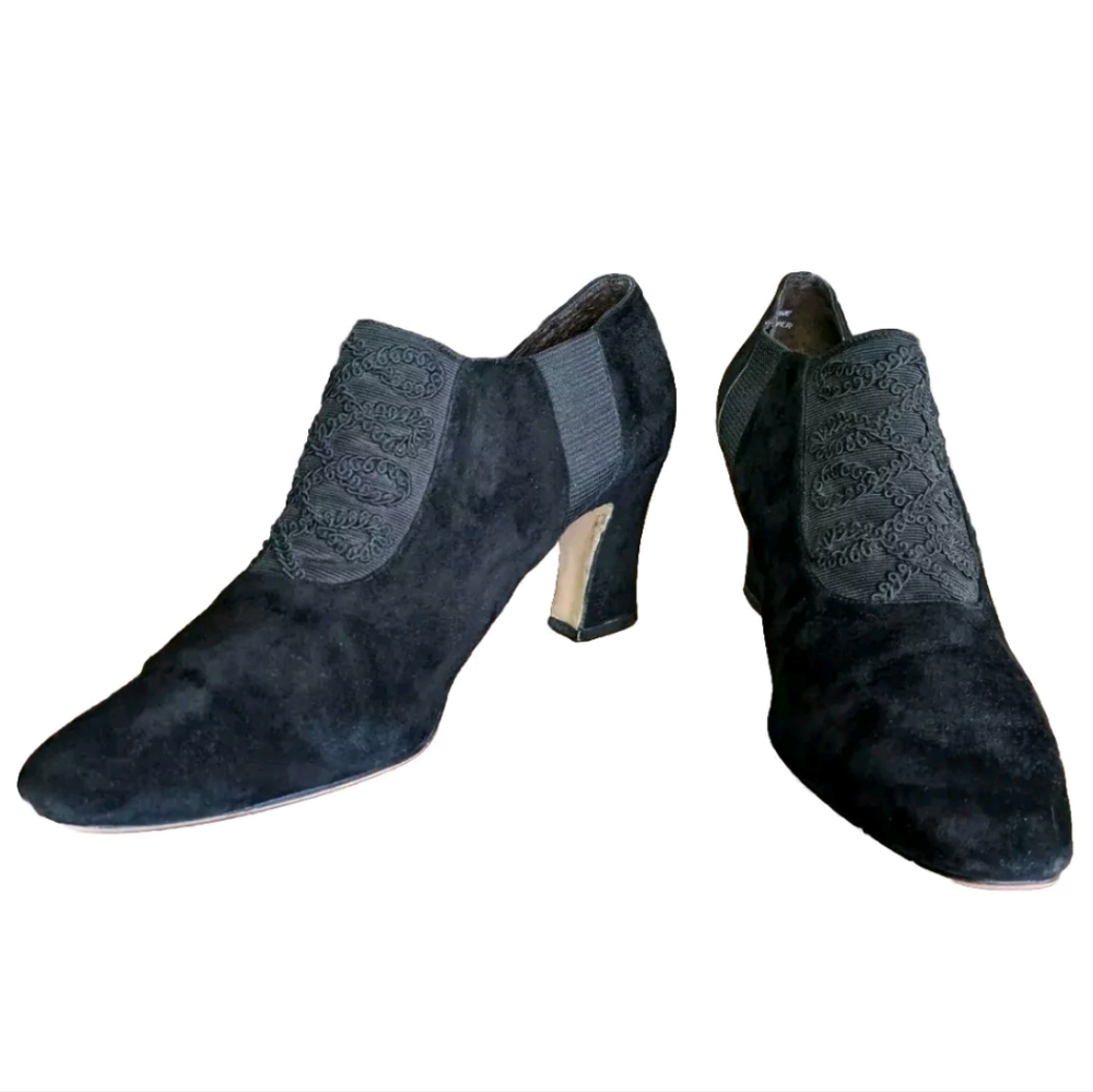 Divine Women's Vintage Black Spool 3" Heels Booties Genuine Leather Pumps 8.5